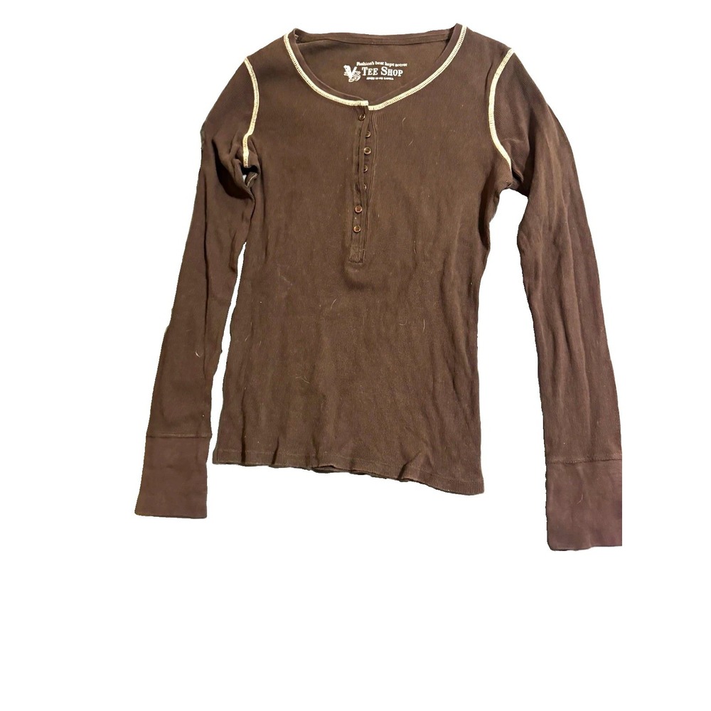 Tee Shop Women's L Brown Solid Knit Henley Long Sleeve Button Top